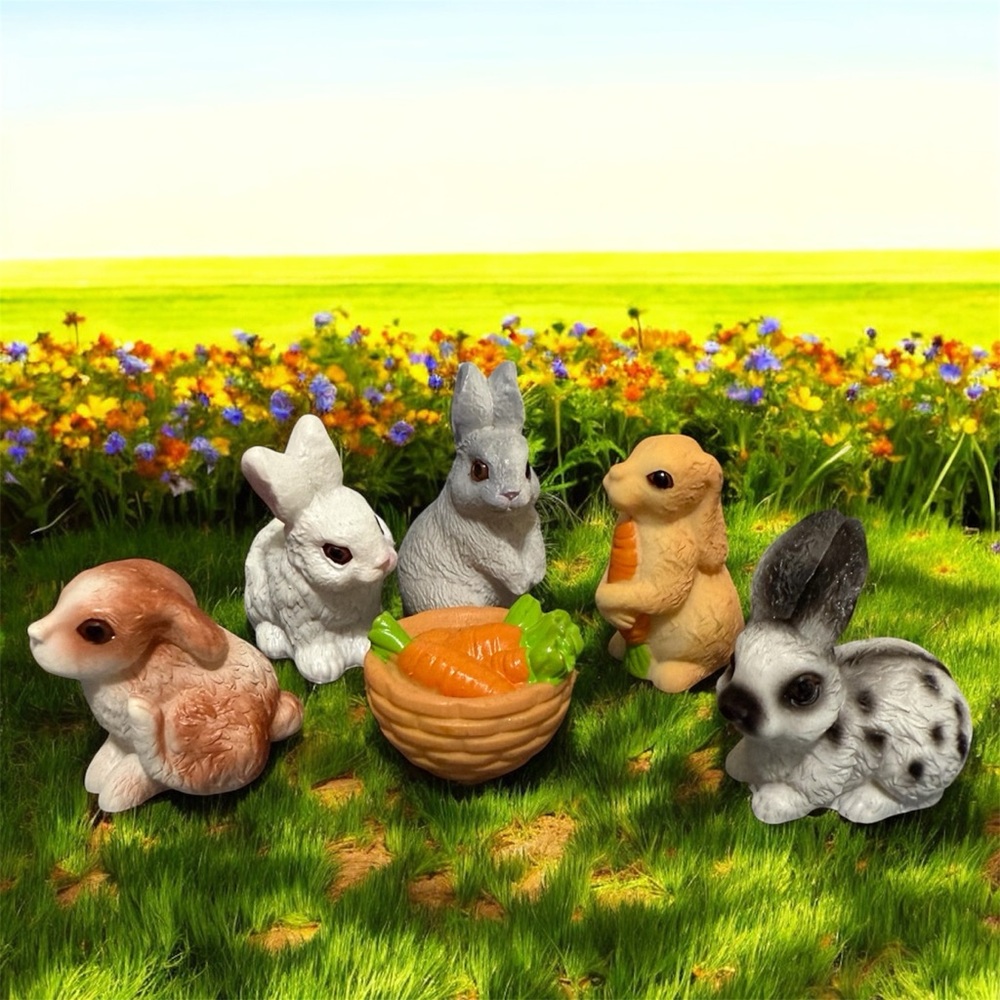 6pcs Mini Resin Rabbits & Carrot Basket Figure Set for Fairy Garden, Terrarium